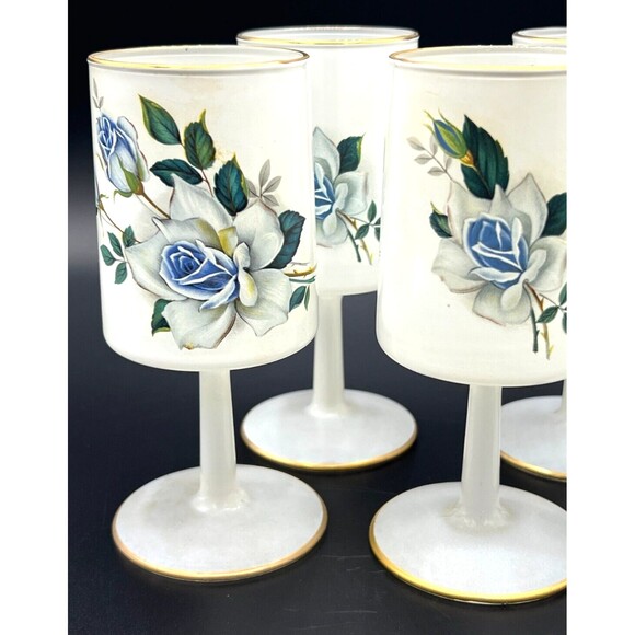 Norleans Frosted Wine Glass White Satin Art Italy Blue Flowers 24K Gold Trim Set - Picture 3 of 13